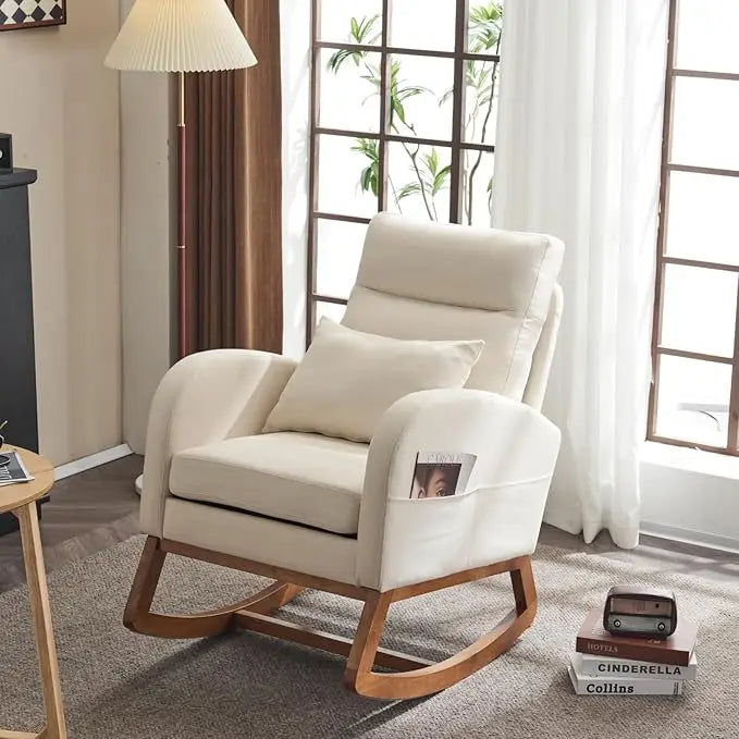 Beige Linen Nursery Rocking Chair with Thick Headrest,Mid-Century Modern Nursing Rocker,Upholstered Glider with Curved Armrest,