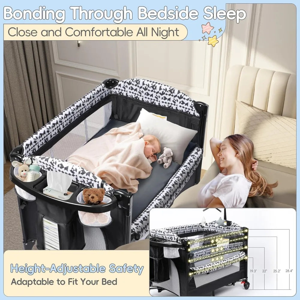 5-in-1 Pack and Play, Baby Bassinet Bedside Sleeper with Diaper Changer, Storage Bag & Music Box, Portable Baby Crib