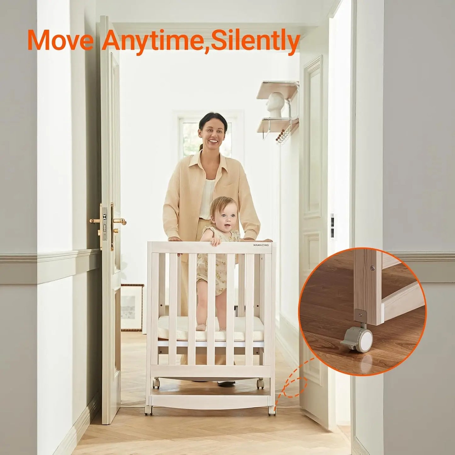 EvoNest 6-in-1 Portable Convertible Cradle to Mini Crib With Removable Wheels and Mattress, 4 Adjustable Mattress Height,