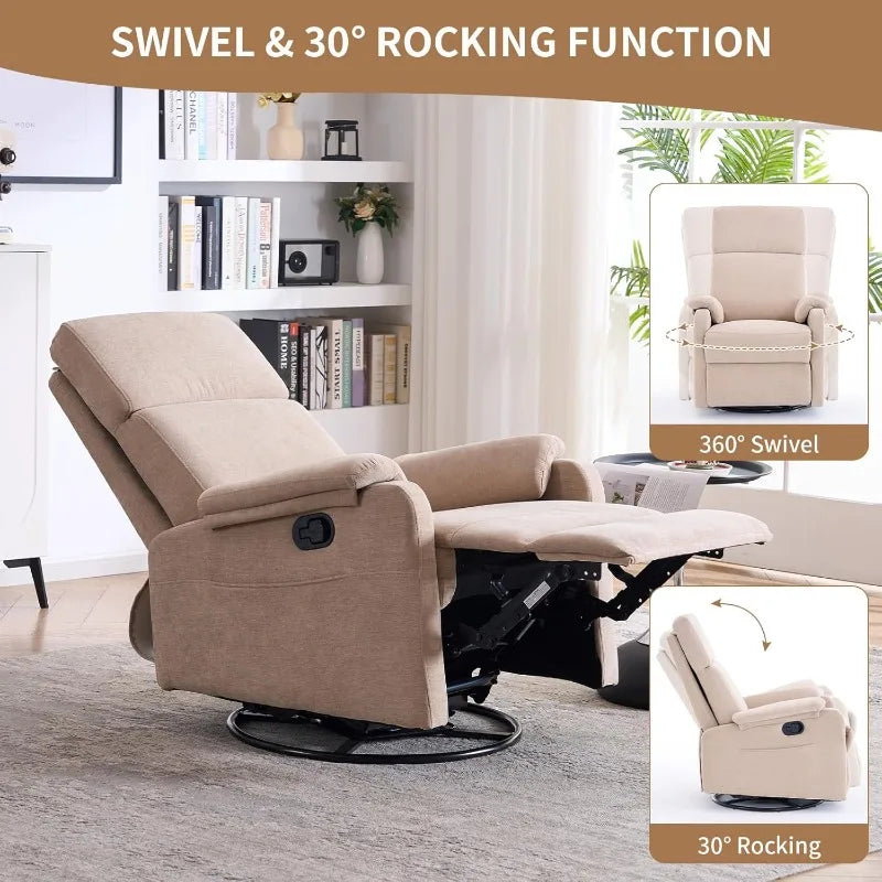 Recliner Chair for Adults, 360° Swivel Rocking Chair Nursery, Small Rocker Recliners for Small Spaces, RV, Fabric Beige