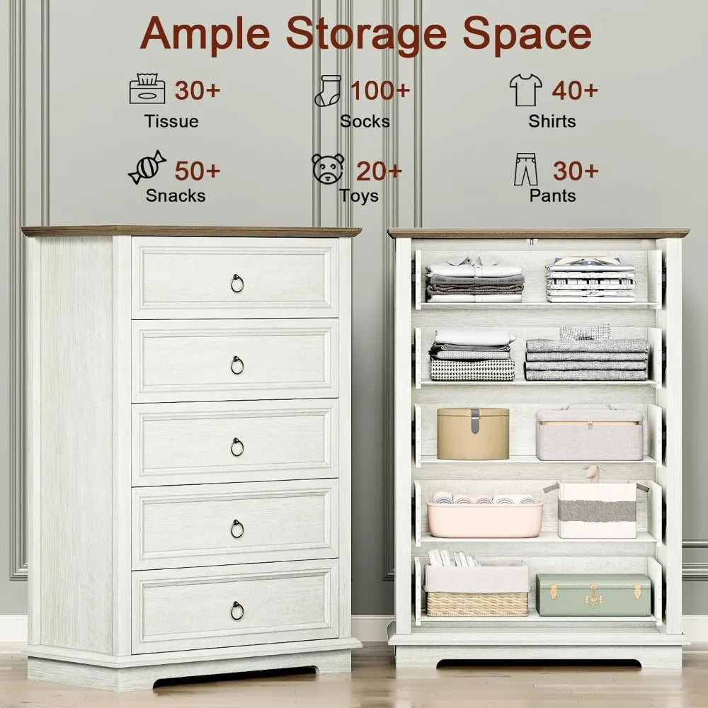 Chest of Drawers, Double Anti-tip, 5 Drawers Dresser, Dresser Organizer for Nursery, Bedroom, Living Room, Hallway, White