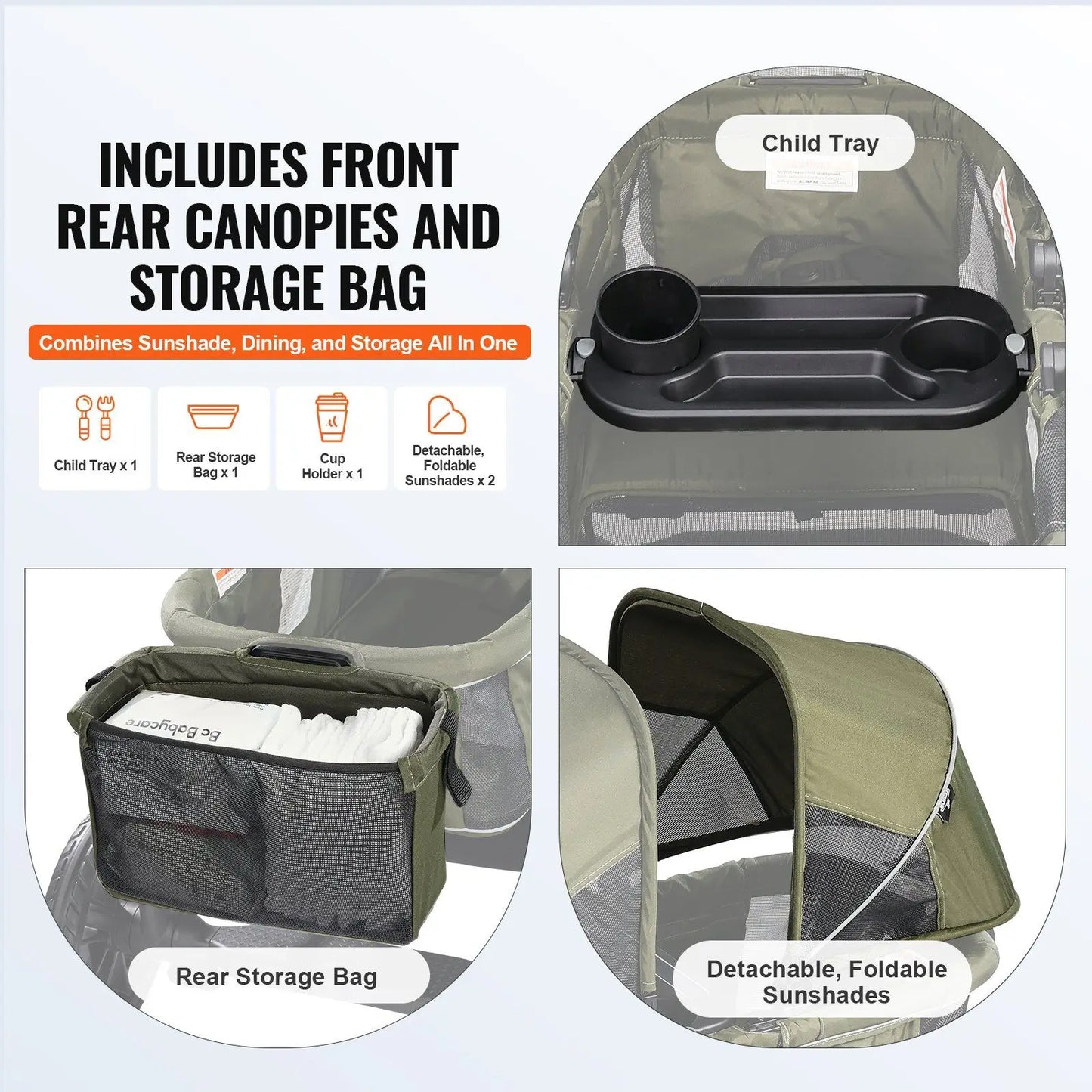 2-in-1 All-Terrain Double Stroller Wagon – Foldable with canopy, snack tray & cup holders. Holds 55lbs/seat (olive green).