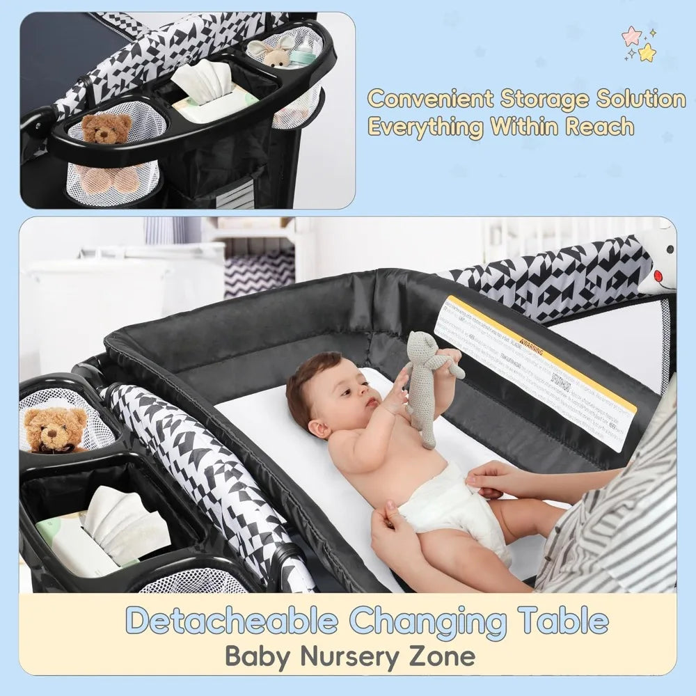 5-in-1 Pack and Play, Baby Bassinet Bedside Sleeper with Diaper Changer, Storage Bag & Music Box, Portable Baby Crib