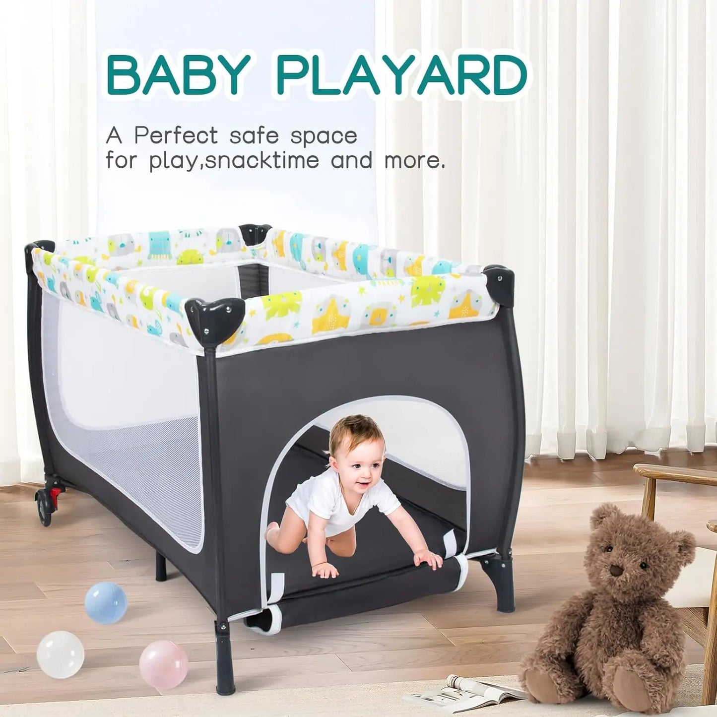 4 in 1 Pack and Play,Portable Baby Crib Deluxe Nursery Center, Foldable Travel Playard with Bassinet,Adjustable Canopy,Music Box