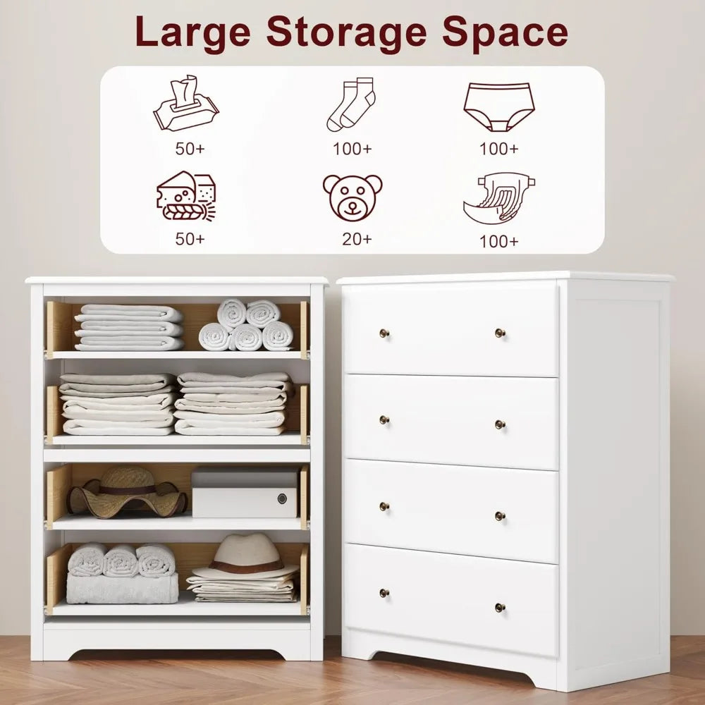 White Dresser, 4 Drawer Dressers Chest of Drawers, for Living Room, Hallway, Entryway, Home Office, White Children's Dressers