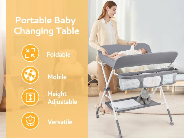 Portable Baby Changing Table with Wheels, Foldable Changing Station, Waterproof Height Adjustable Changing Table