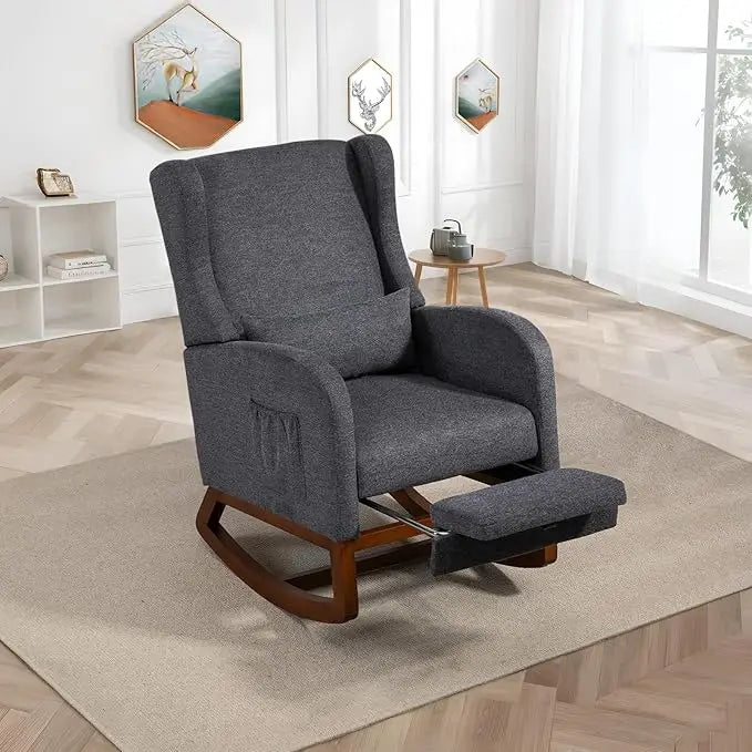 Modern Rocking Chair Nursery Glider, Comfy Rocker Nursery Chair with Foot Rest, Accent Reading Armchair with Pillow and Pocket,