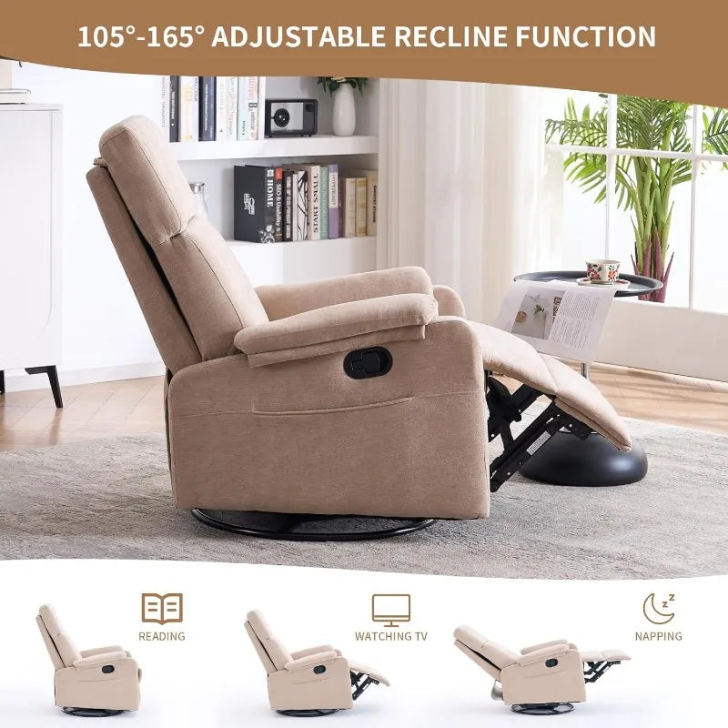 Recliner Chair for Adults, 360° Swivel Rocking Chair Nursery, Small Rocker Recliners for Small Spaces, RV, Fabric Beige