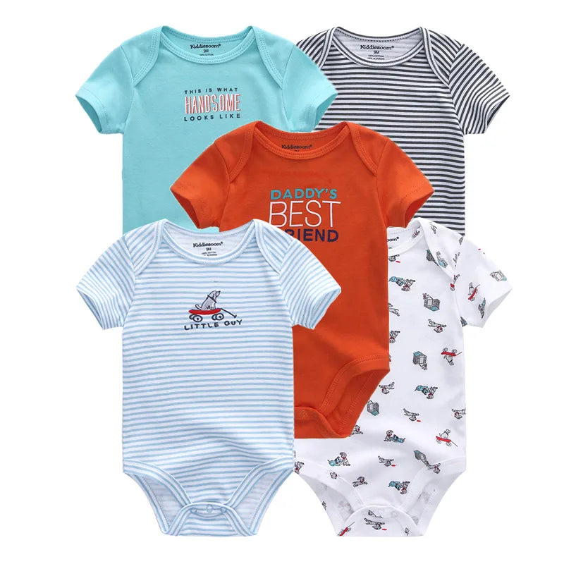 Kiddiezoom 5-piece fashionable cartoon boy and girl jumpsuit 100% pure cotton comfortable newborn jumpsuit summer