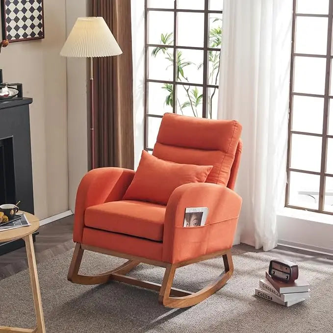 Beige Linen Nursery Rocking Chair with Thick Headrest,Mid-Century Modern Nursing Rocker,Upholstered Glider with Curved Armrest,