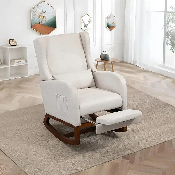Modern Rocking Chair Nursery Glider, Comfy Rocker Nursery Chair with Foot Rest, Accent Reading Armchair with Pillow and Pocket,