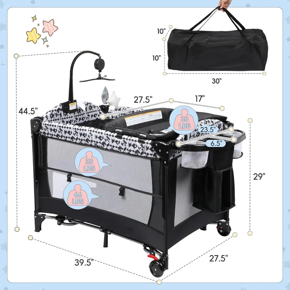 5-in-1 Pack and Play, Baby Bassinet Bedside Sleeper with Diaper Changer, Storage Bag & Music Box, Portable Baby Crib