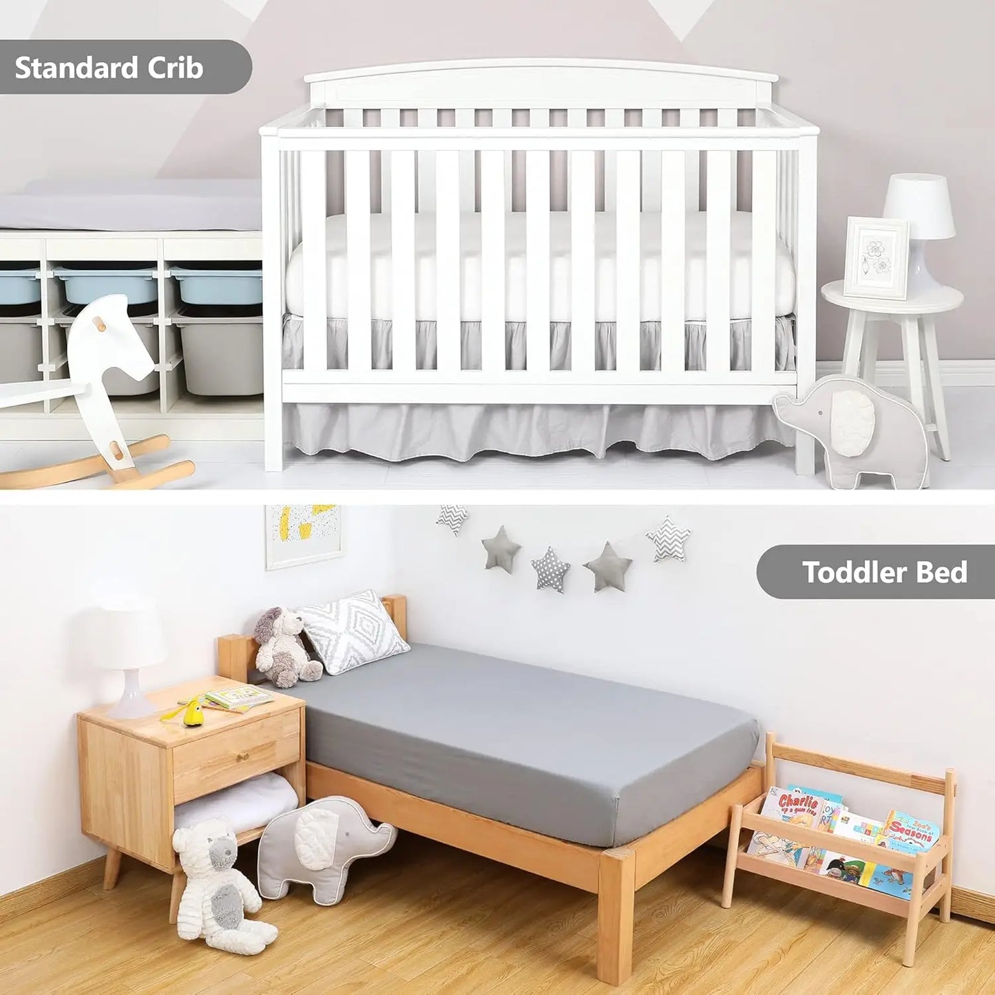 2 Pa Fitted Crib Sheet Set - 100% Solid Standard Natural Cotton Toddler Bed Mattr Sheets,Standard 28”X 52”, White&Charcoal