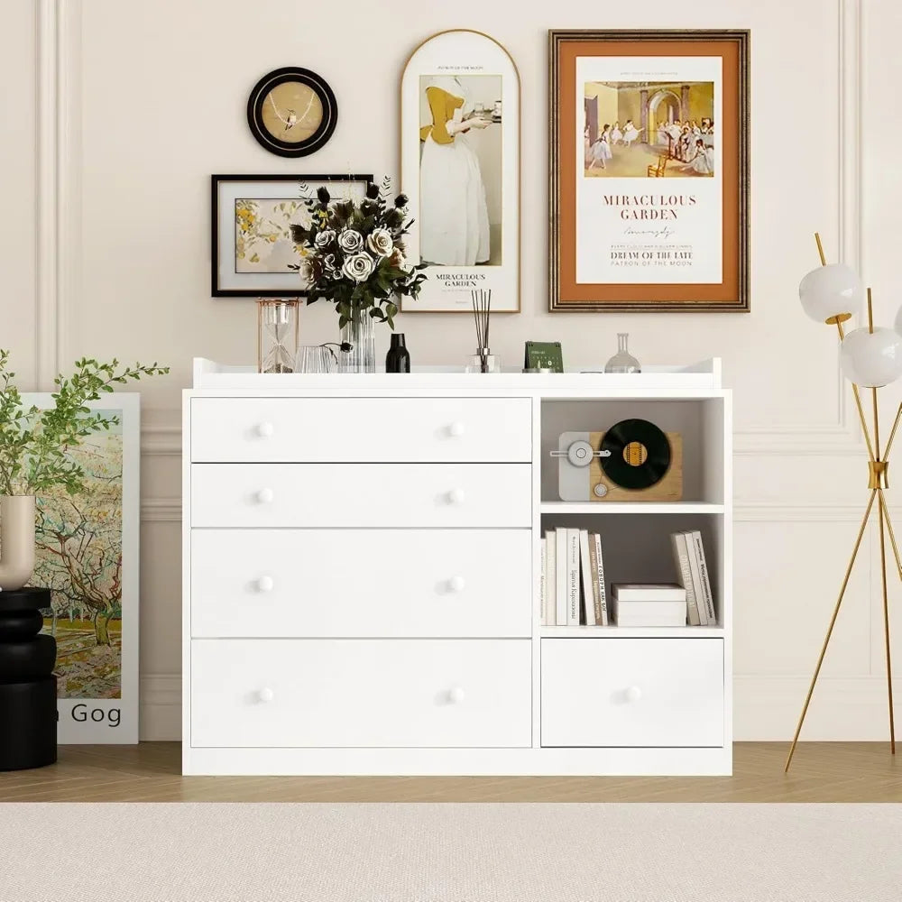 Baby Dresser with 5 Drawers and Shelves, Multi-Functional Baby Changing Table, Classic Nursery Dresser, Diaper Changing Station