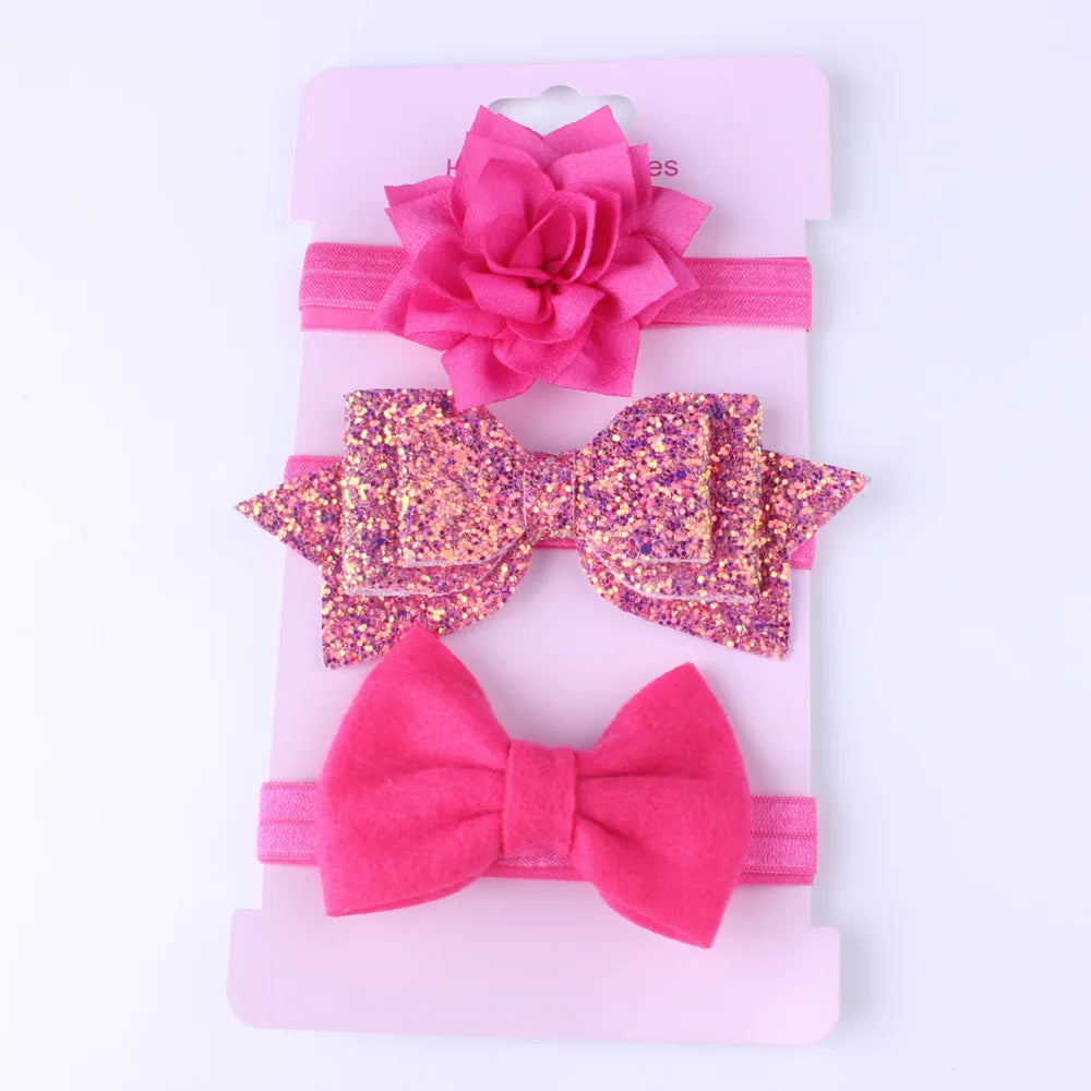 3PCS Baby Girls Glitter Bow Headband Set with Floral Elastic Hairband - Adorable Hair Accessories for Little Ones One Size