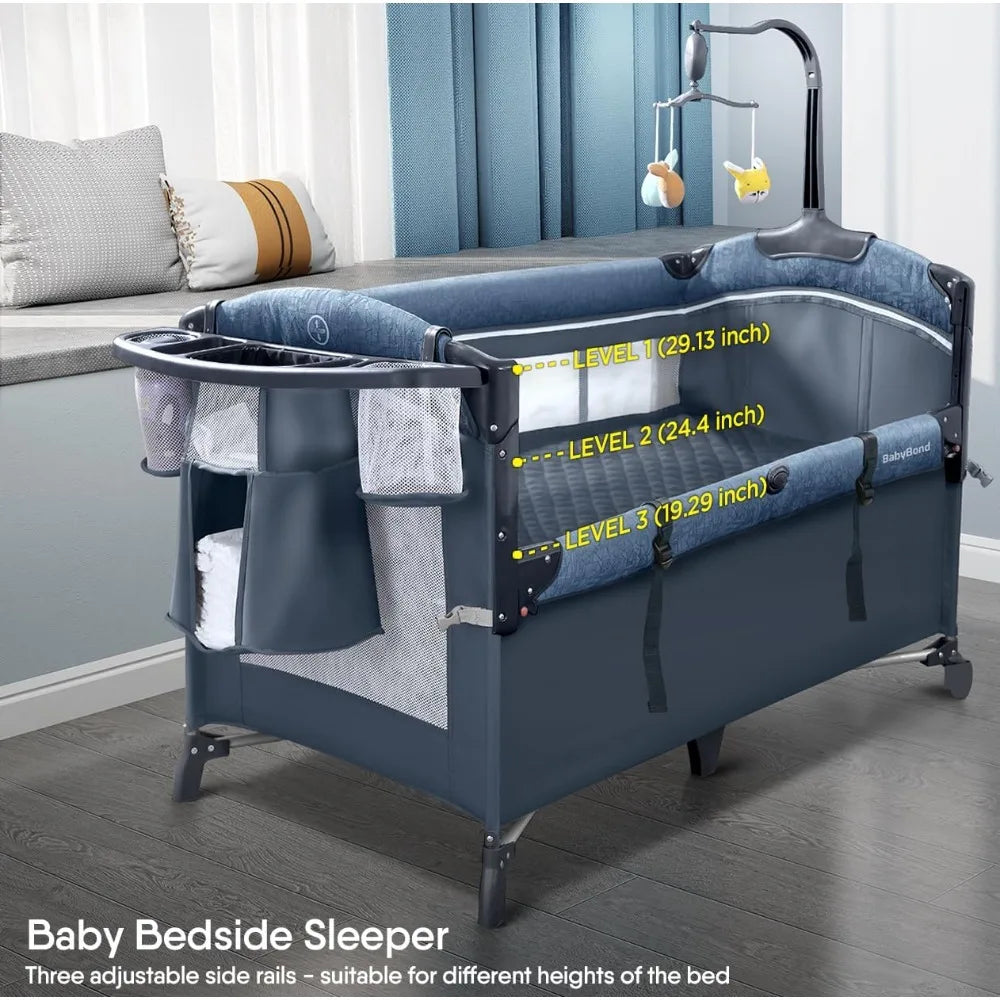 Upgraded - Baby Bassinet Bedside Crib,Pack and Play w/Sheet,Diaper Changing Table&Music Mobile from Newborn to Toddles-NEW