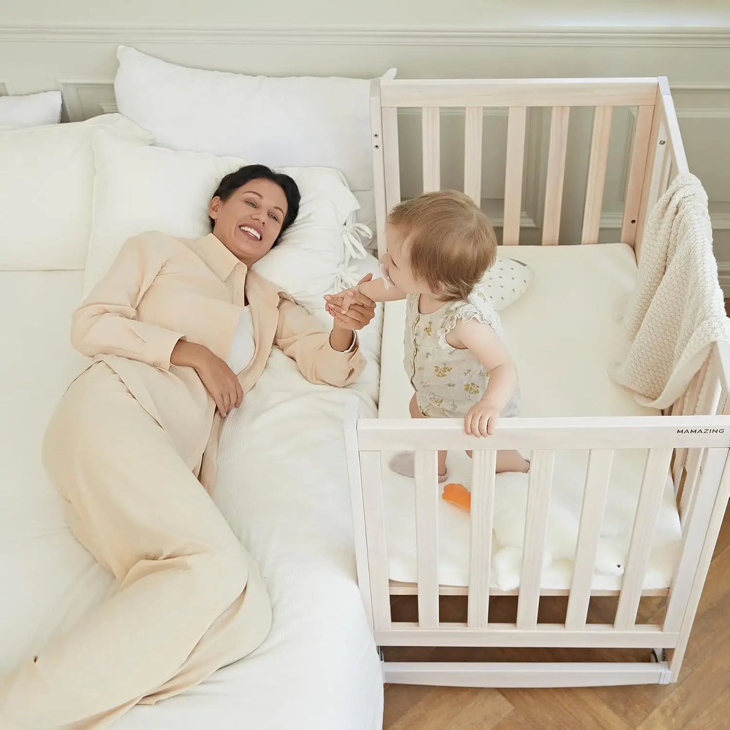 EvoNest 6-in-1 Portable Convertible Cradle to Mini Crib With Removable Wheels and Mattress, 4 Adjustable Mattress Height,