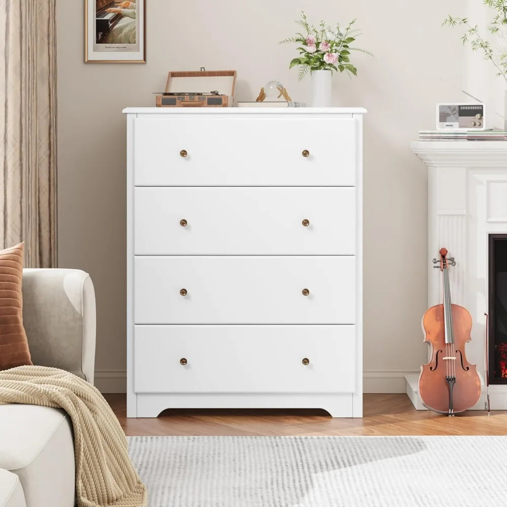 White Dresser, 4 Drawer Dressers Chest of Drawers, for Living Room, Hallway, Entryway, Home Office, White Children's Dressers