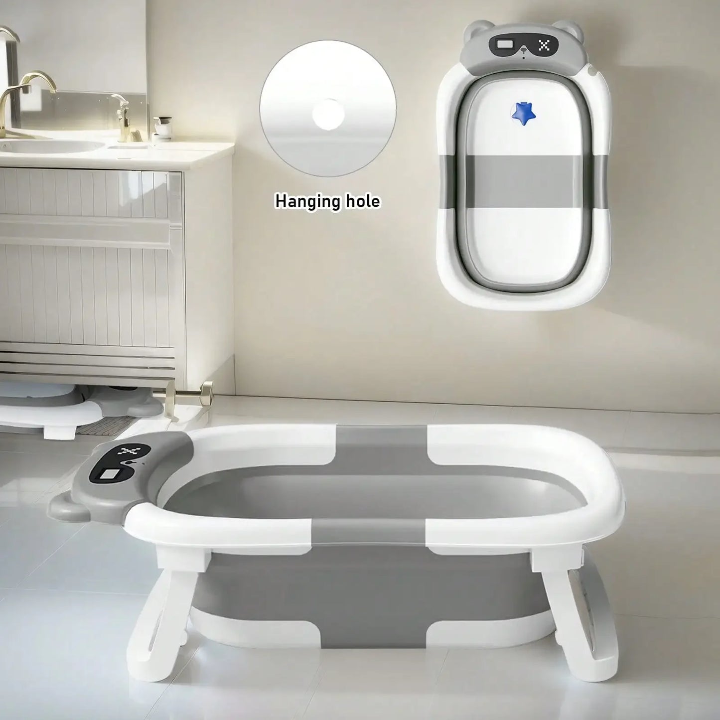Folding Baby Bathtub with Thermometer Take A Bath Bathtub Non-Slip Foot Bath Bucket Bathroom Tub with Cushion Support for Shower