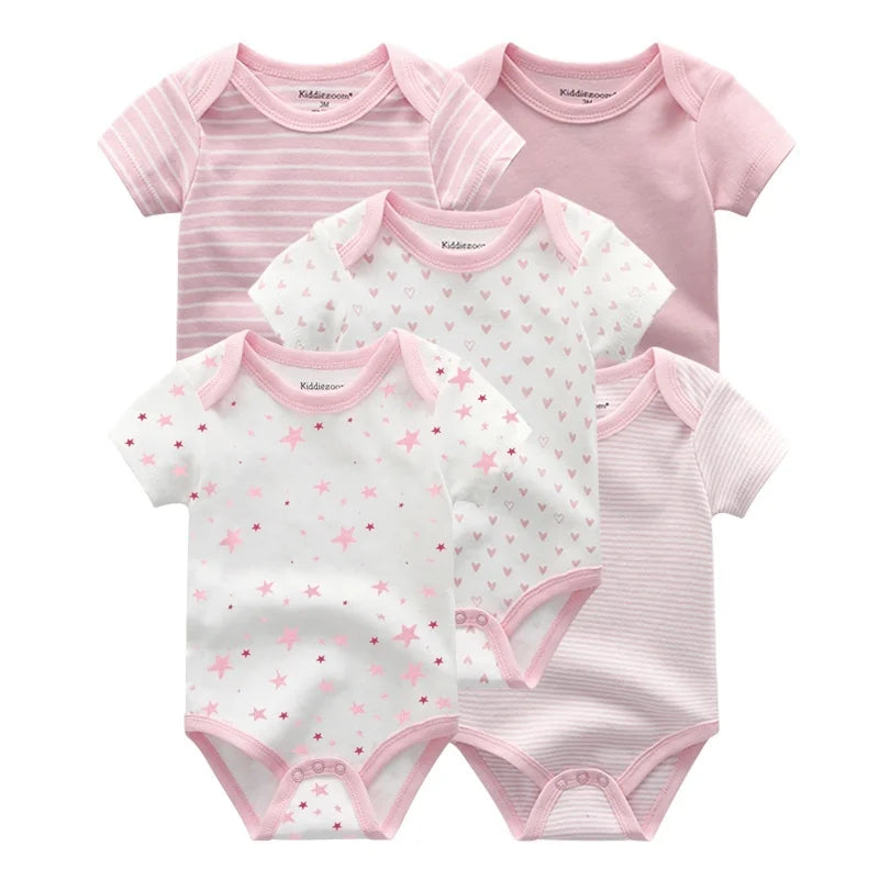 Kiddiezoom 5-piece fashionable cartoon boy and girl jumpsuit 100% pure cotton comfortable newborn jumpsuit summer