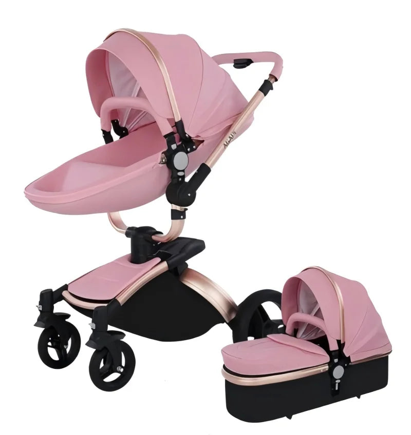 PU Leather Baby Stroller 3 IN 1 Luxury Lightweight High Landscape 360-Degree Rotating Aluminum Frame Baby Carriage Car Seat