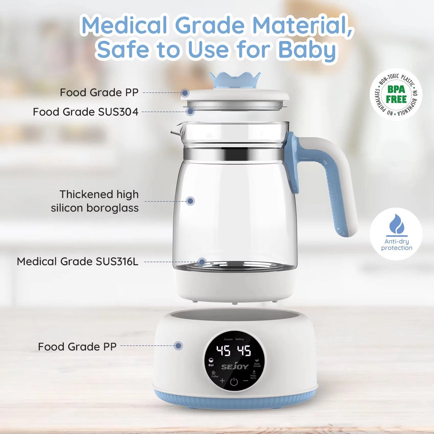 Sejoy Infant Thermostatic Milk Regulator Baby Kettle Keep Warm 1.2L 72 Hours Hot Water Smart Insulation Pot Milk Powder Warmer