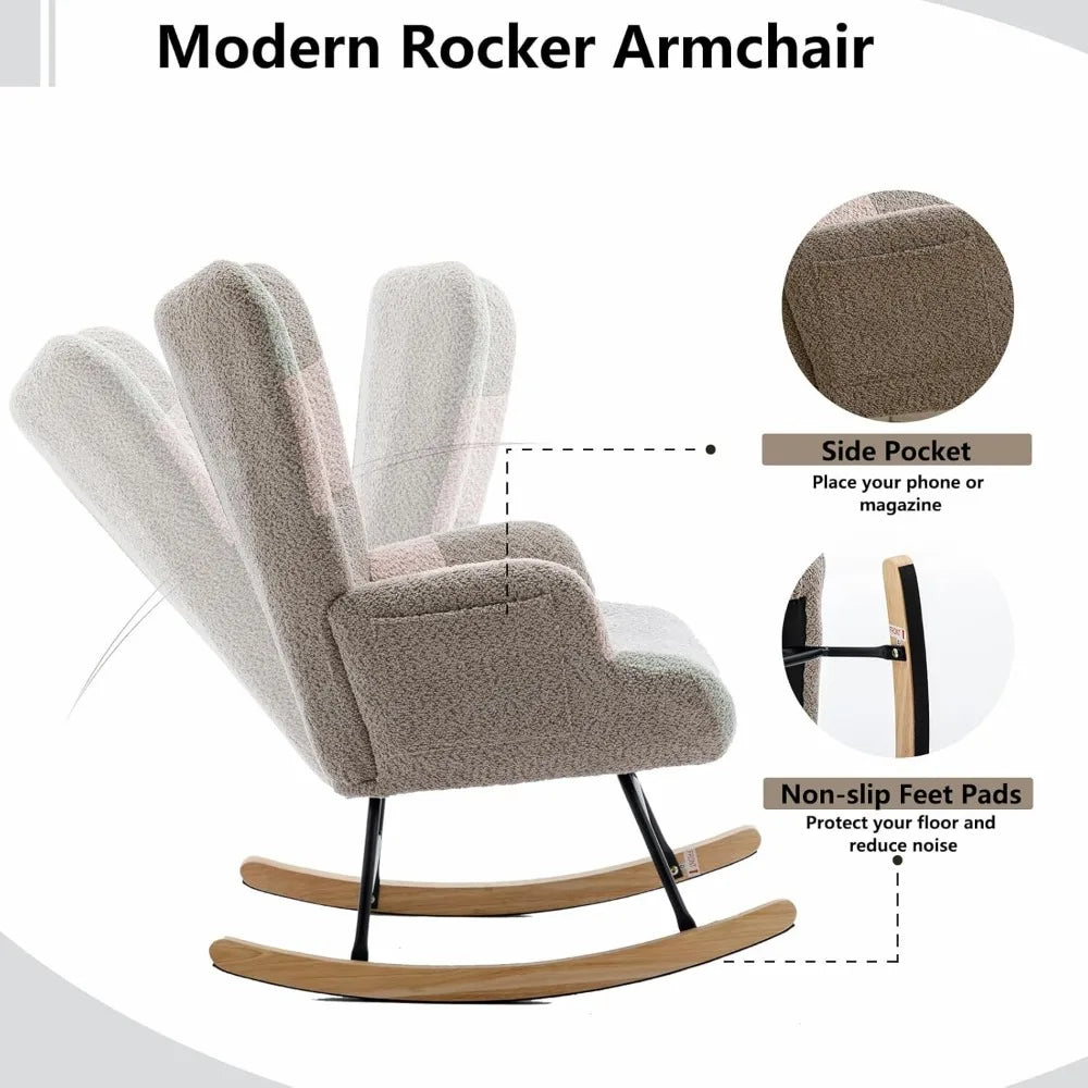 Rocking Chair for Nursery, Upholstered Teddy Fabric Nursing Chair with High Backrest, Modern Accent Glider Rocker Chair for Livi
