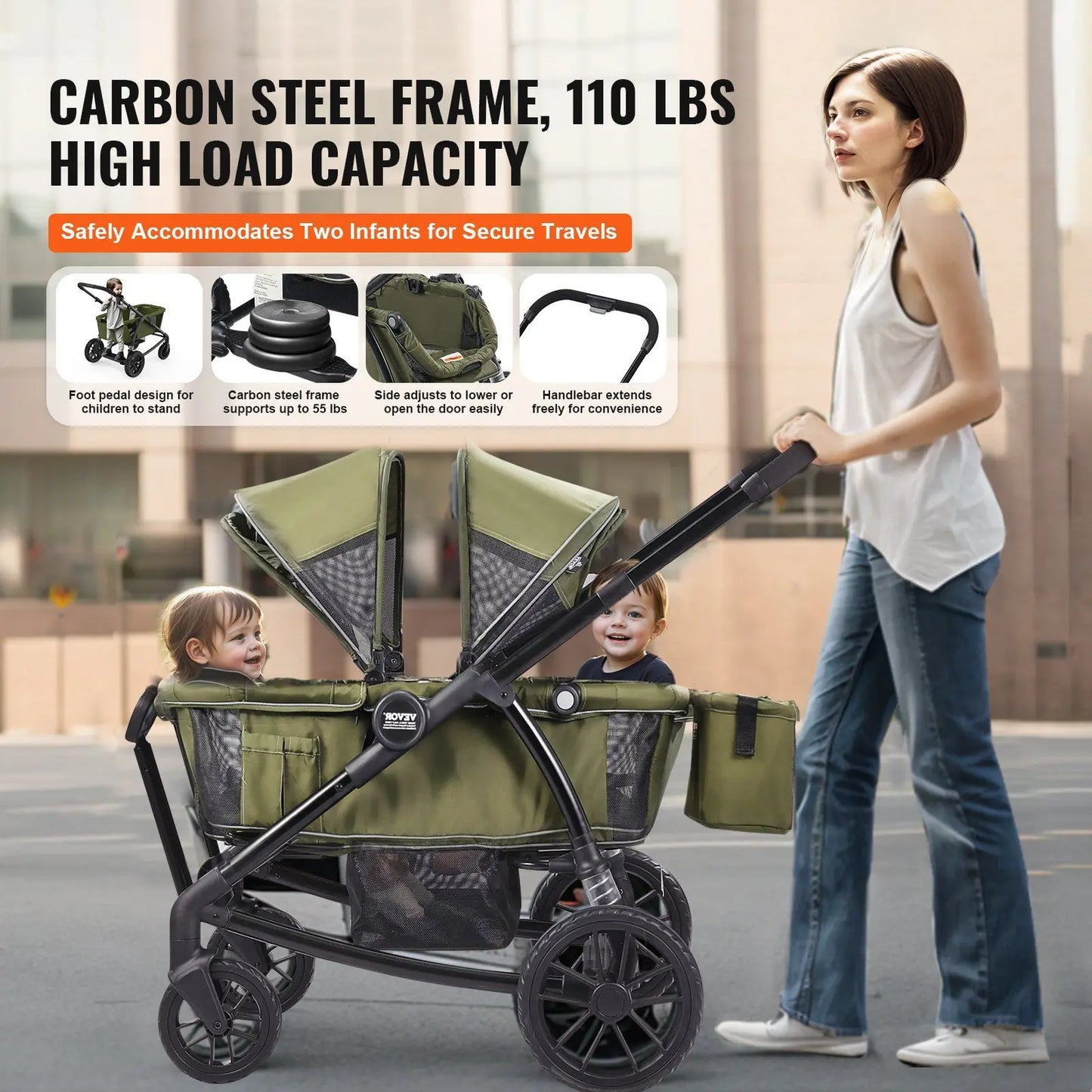 2-in-1 All-Terrain Double Stroller Wagon – Foldable with canopy, snack tray & cup holders. Holds 55lbs/seat (olive green).