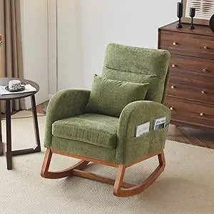 Beige Linen Nursery Rocking Chair with Thick Headrest,Mid-Century Modern Nursing Rocker,Upholstered Glider with Curved Armrest,