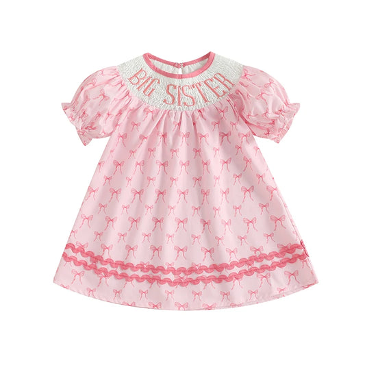 Cute Baby Girls Floral Print Ruffle Sleeve Round Neck Casual Dress Toddler Summer Dress with Bow Detail and Embroidered Letters
