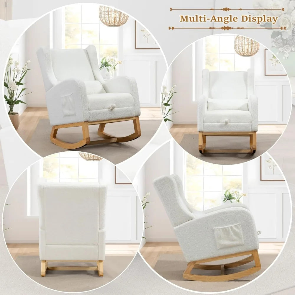 Modern Rocking Chair Nursery Glider, Comfy Rocker Nursery Chair with Foot Rest, Accent Reading Armchair with Pillow and Pocket,