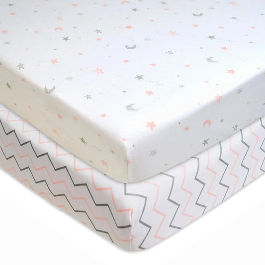 2 Pack Fitted Mini Crib Sheet 24"" X 38"", Soft Breathable Neutral 100% Cotton Jersey Portable Sheet, Pink Star Zigzag,