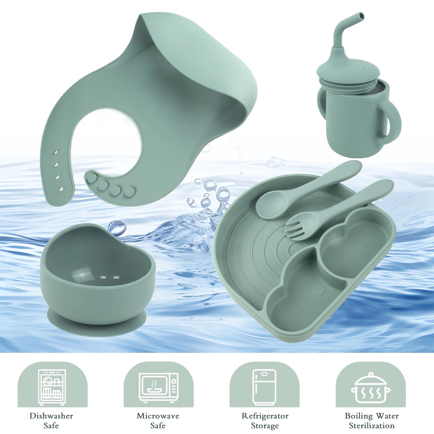 Silicone Baby Feeding Set Cute 6 PCS Baby Led Weaning Supplies with Suction Plates and Bowls Set