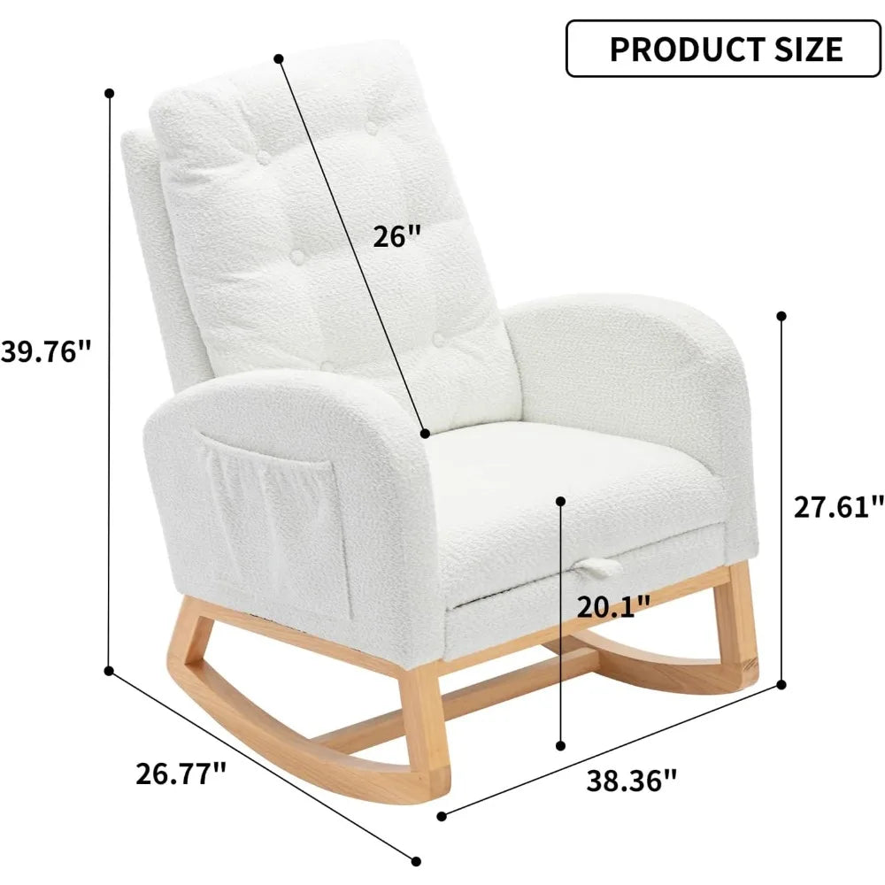 Rocking Chair with Foot Rest, Nursery Glider Teddy Gliding Rocking Chair with Retractable Footrest Rubber Wood Legs Side Pocket