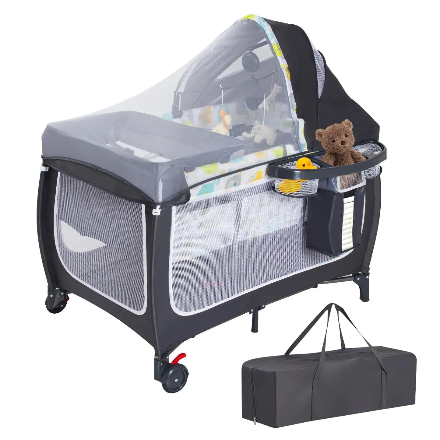4 in 1 Pack and Play,Portable Baby Crib Deluxe Nursery Center, Foldable Travel Playard with Bassinet,Adjustable Canopy,Music Box