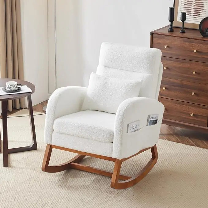 Beige Linen Nursery Rocking Chair with Thick Headrest,Mid-Century Modern Nursing Rocker,Upholstered Glider with Curved Armrest,