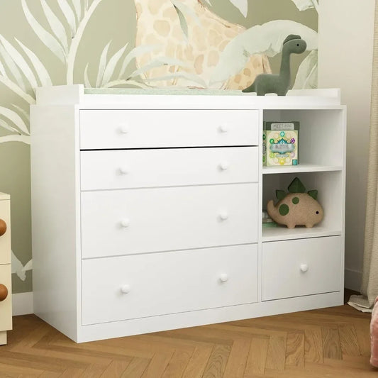 Baby Dresser with 5 Drawers and Shelves, Multi-Functional Baby Changing Table, Classic Nursery Dresser, Diaper Changing Station