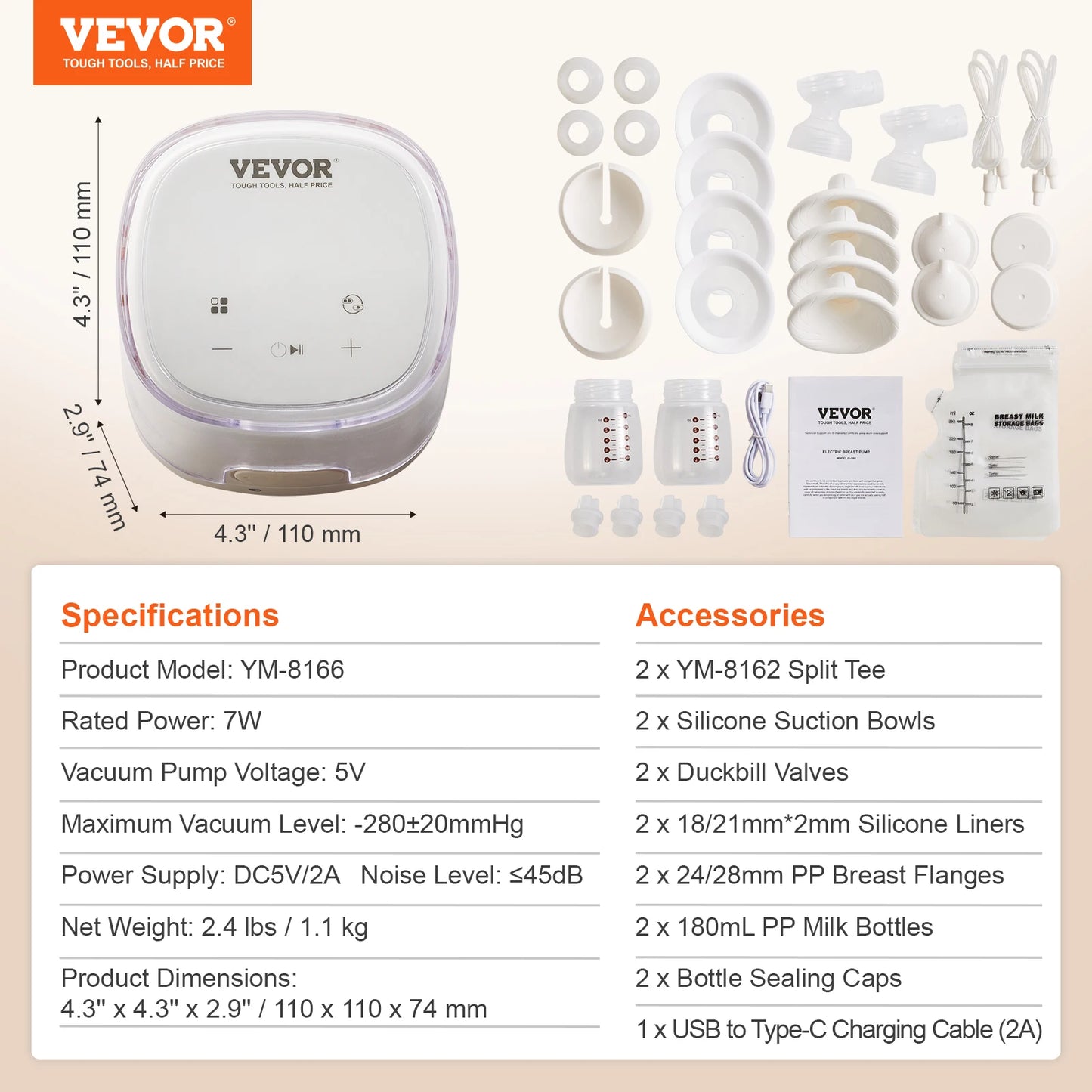 VEVOR Breast Pump Portable 2800mAH Rechargeable Double Electric Breast Pumps Anti-Backflow Breastfeeding Pump with LED Display
