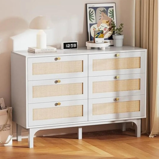 6 Drawer Rattan Dresser, Boho Dresser for Bedroom, White Dresser, 47" Long Dresser, Wooden Dresser Wood Chest of Drawers