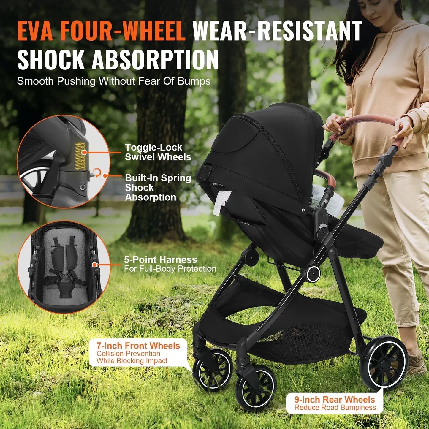 3-in-1 Baby Stroller – Bassinet & Reversible Seat, Adjustable Backrest, Foldable, Carbon Steel Frame (Black)