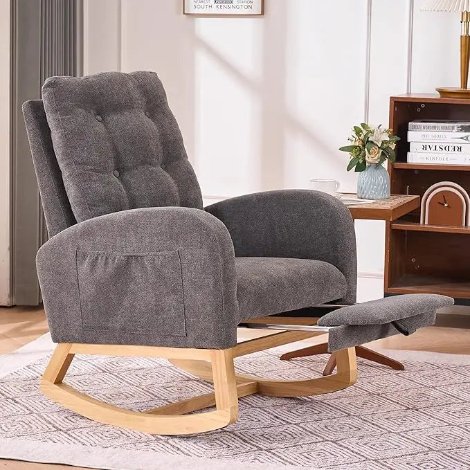 Rocking Chair with Foot Rest, Nursery Glider Teddy Gliding Rocking Chair with Retractable Footrest Rubber Wood Legs Side Pocket