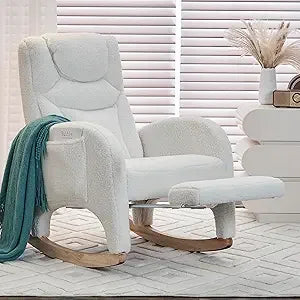 Rocking Chair with Foot Rest, Nursery Glider Teddy Gliding Rocking Chair with Retractable Footrest Rubber Wood Legs Side Pocket