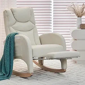 Rocking Chair with Foot Rest, Nursery Glider Teddy Gliding Rocking Chair with Retractable Footrest Rubber Wood Legs Side Pocket