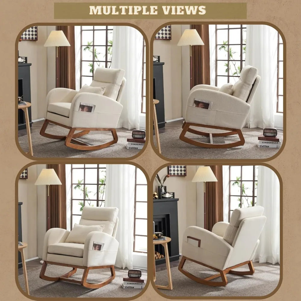Beige Linen Nursery Rocking Chair with Thick Headrest,Mid-Century Modern Nursing Rocker,Upholstered Glider with Curved Armrest,