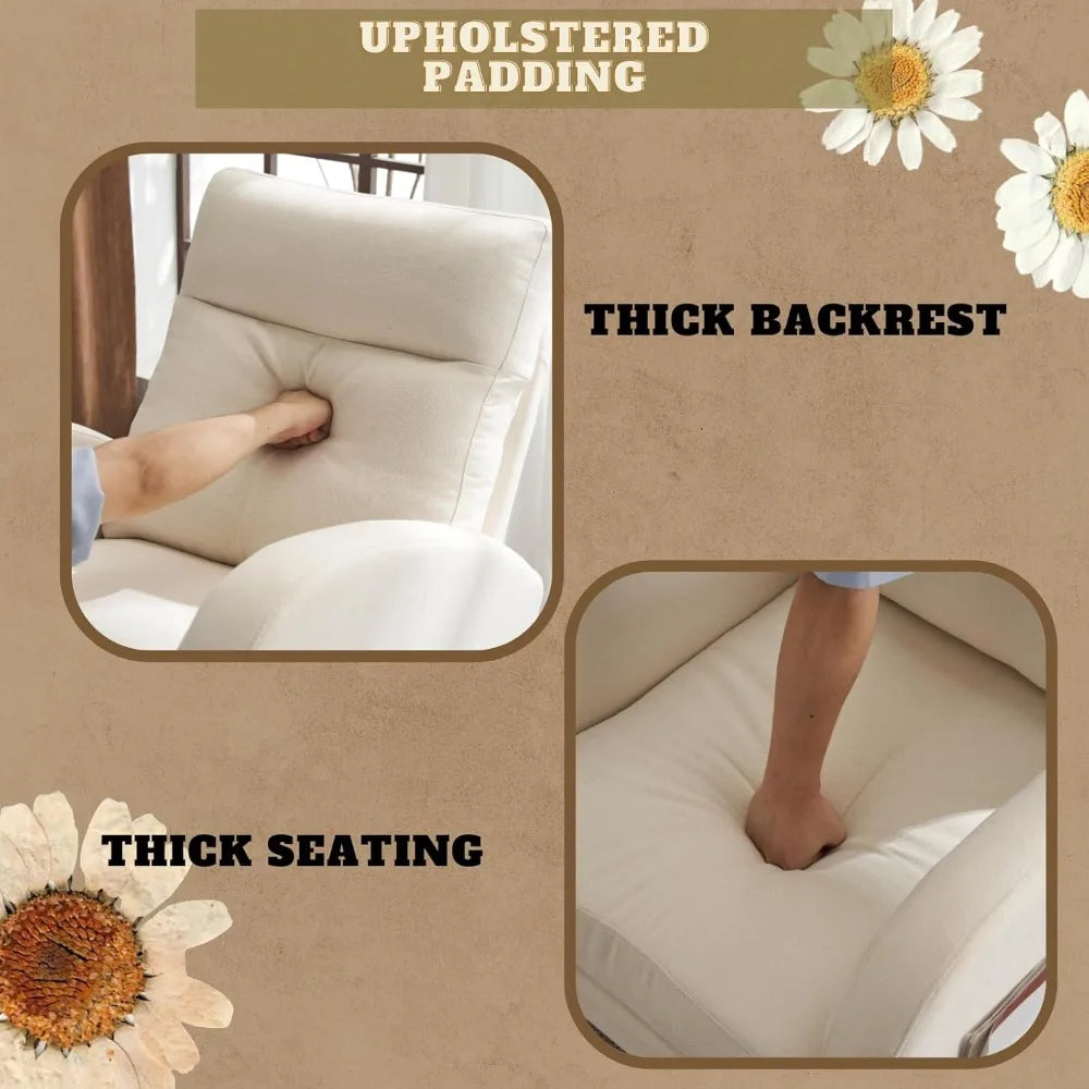 Beige Linen Nursery Rocking Chair with Thick Headrest,Mid-Century Modern Nursing Rocker,Upholstered Glider with Curved Armrest,