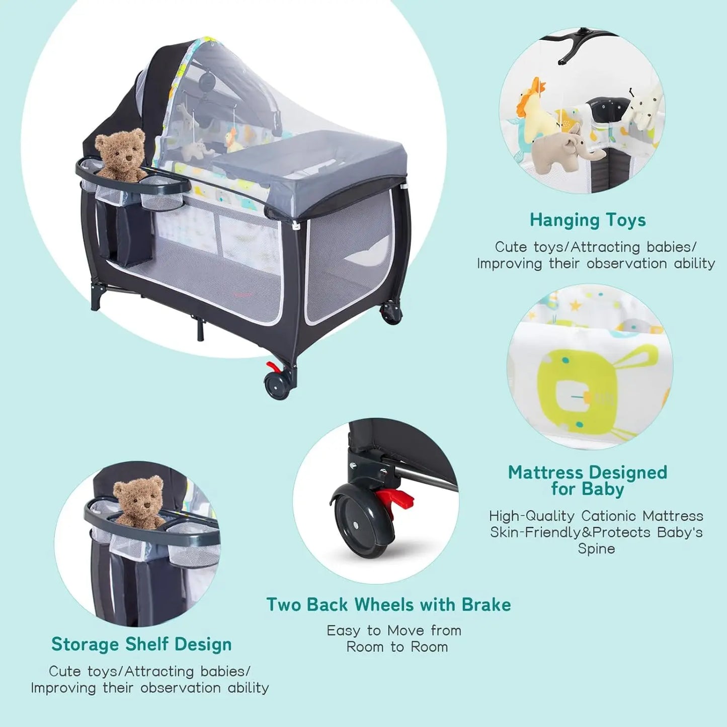 4 in 1 Pack and Play,Portable Baby Crib Deluxe Nursery Center, Foldable Travel Playard with Bassinet,Adjustable Canopy,Music Box