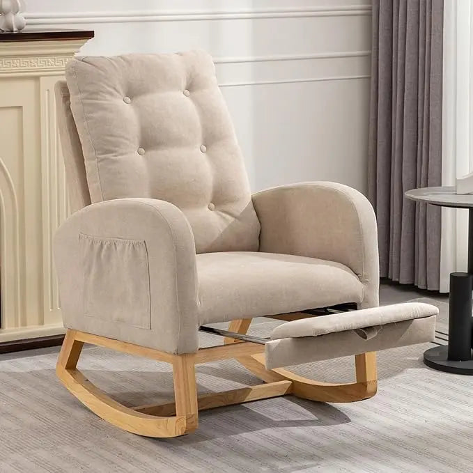 Rocking Chair with Foot Rest, Nursery Glider Teddy Gliding Rocking Chair with Retractable Footrest Rubber Wood Legs Side Pocket