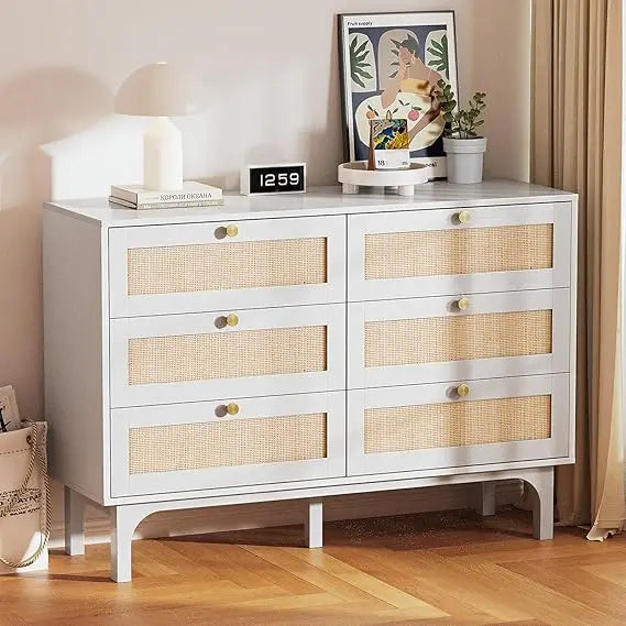 6 Drawer Rattan Dresser, Boho Dresser for Bedroom, White Dresser, 47" Long Dresser, Wooden Dresser Wood Chest of Drawers