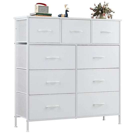 Fabric Storage Dresser with 9 Drawers, Steel Frame and Wooden Top for Nursery, Bedroom, Closet, Entryway. White