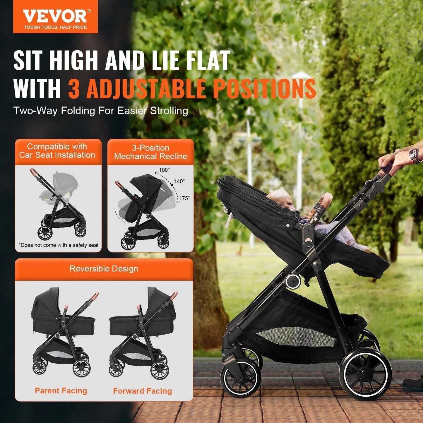 3-in-1 Baby Stroller – Bassinet & Reversible Seat, Adjustable Backrest, Foldable, Carbon Steel Frame (Black)
